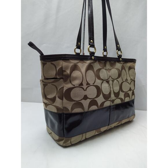Coach Signature Brown Canvas Stripe Double Handles Diaper Tote Bags - Picture 3 of 16